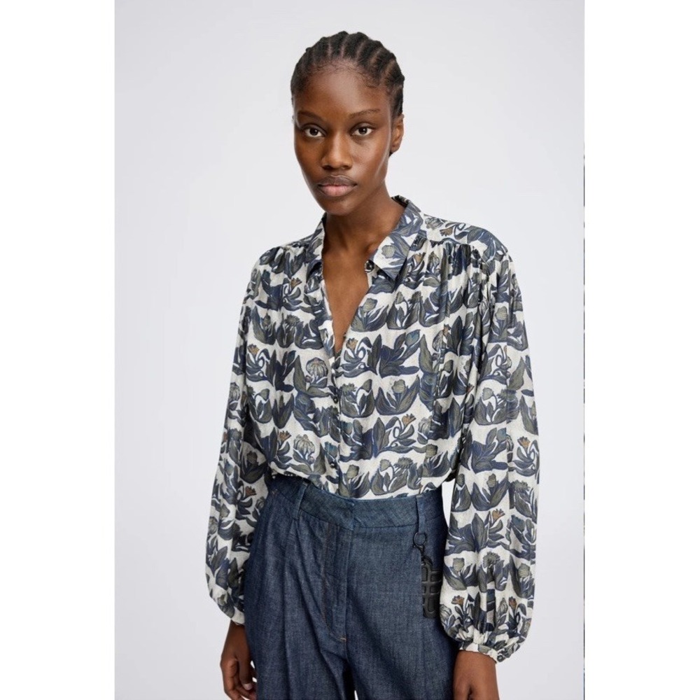 Munthe Size XL Lynx floral buttoned Satin Viscose Long Sleeved Shirt Blouse